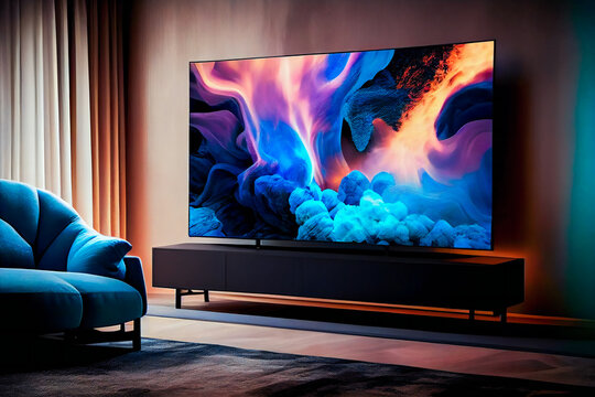 Big Tv In A Living Room.  Elegant living room with big tv screen.  Generative AI.