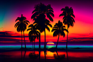Fototapeta na wymiar Blue palm trees at sunset. Generative AI.