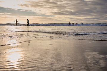 un groupe de surfeurs marche et va défié les vagues de l'Atlantique en hiver