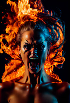 Fiery girl.  Woman  in flames and fire.  Generative AI.