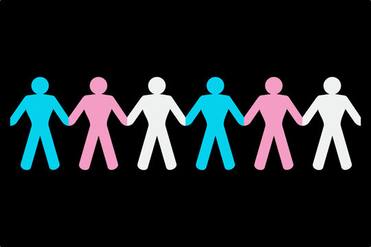 Vector graphic of a line of six paper cutout men holding hands on a black background. They are coloured blue, pink and white. They represent unity between men