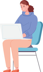 Fototapeta na wymiar Young woman with laptop sit on chair. Happy female person