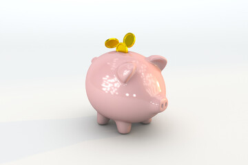 Piggy bank with floating coin. Finance saving money. 3d render