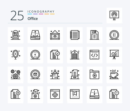 Office 25 Line icon pack including floppy disk. office. up. notebook. office