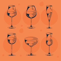 six wine cups drinks
