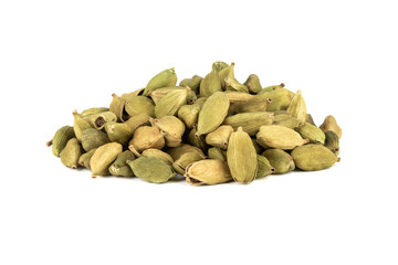 A bunch of green cardamom pods on a white background.