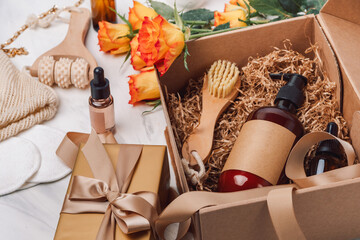 Valentines Day Mother's Day March 8 gift. Gift set Body care and face care beauty products bath set order on line.  spa Lotion, essential oil, cream, massage brushes and anti-cellulite