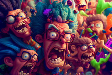 Obraz premium People, screaming and crazy in happiness. Cartoon background. Generative AI.