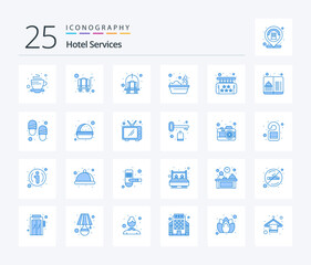 Fototapeta na wymiar Hotel Services 25 Blue Color icon pack including five. shower. cart. hotel. bath