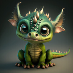 Handsome kind looking green monster with spiky ears and tail, generative AI