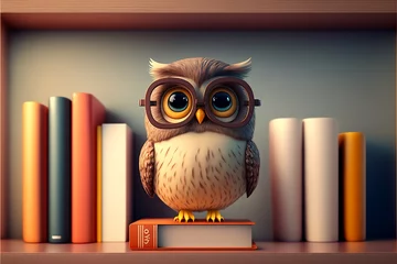 Fototapeten An owl with glasses sitting on top of a book, generative ai  © Ole