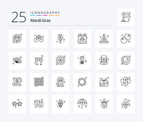 Mardi Gras 25 Line icon pack including food. star. maracas. hat. date