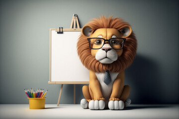 A business lion standing in front of a whiteboard, generative ai