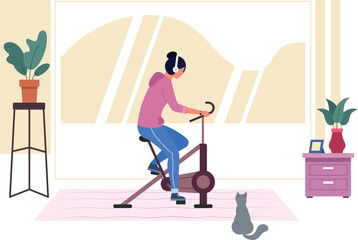 Obraz premium Woman cycling exercise training. Home workout concept