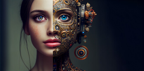 Concept of artificial intelligence interaction and relationship with human mind, young woman half robotic portrait, copy space on the right. Generative AI model - obrazy, fototapety, plakaty