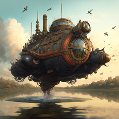 Fototapeta na wymiar Concept of a large flying machine sailing in the sea in steampunk style generated by AI, digital art.