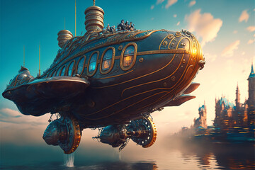 Concept of a large flying machine sailing in the sea in steampunk style generated by AI, digital art. - obrazy, fototapety, plakaty