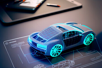 Car design using holographic app in digital tablet. Develop modern innovative high-tech eco-friendly electric car with sustainable standards. AI generated