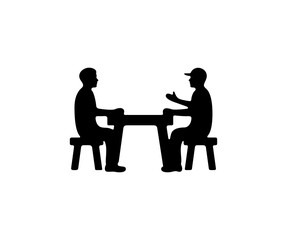 People sit at a picnic per table and talking, graphic design. Outdoor weekend together eating on a wooden table, eat, food and drink, vector design and illustration