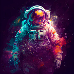 Obraz na płótnie Canvas Beautiful painting of an astronaut surrounded by explosion of colors in space. Generative AI. Pop art concept
