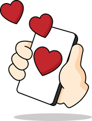 Hands holding mobile phone with  heart on screen and flying hearts on white background. Sending a love message. Vector illustration in flat style