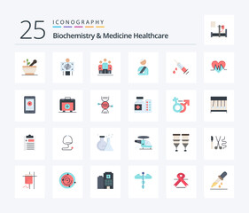 Biochemistry And Medicine Healthcare 25 Flat Color icon pack including dope. injured. user. hospital