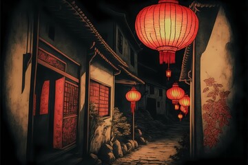 ﻿A row of red lanterns on a street - Generative AI