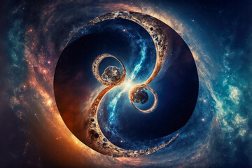 Yin yang in space, infinity cosmos concept, Generative AI