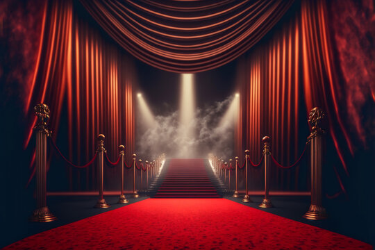 Red carpet leading to stairs with lights and curtains, Generative AI