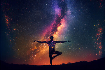 Silhouette of a man in yoga pose on the background of the universe. A state of trance and deep meditation. A spiritual journey in the universe. Abstract chakra meditation energy background