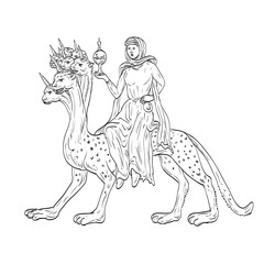 Fototapeta na wymiar Line art drawing illustration of Babylon the Great, Mother of Harlots Whore of Babylon riding seven headed monster in the Book of Revelation in the Bible done in medieval style on isolated background.