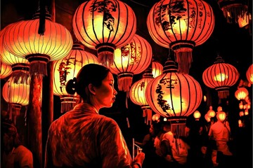 Obraz premium ﻿A person looking at a group of lanterns - Generative AI