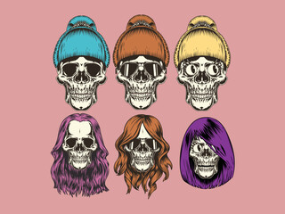 Colored Hair Female Skulls Variety Bundle