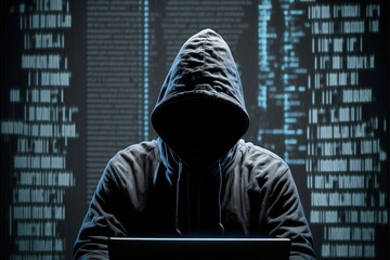 hacker in front computer with laptop, stealing information, Hacking the Internet, Dark face, Made by AI,Artificial intelligence