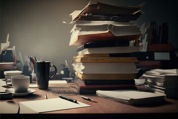 many book on table, office dirty, Made by AI,Artificial intelligence