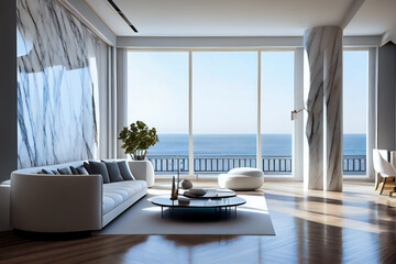 Fototapeta na wymiar Large modern luxury living room interior. Generative AI.