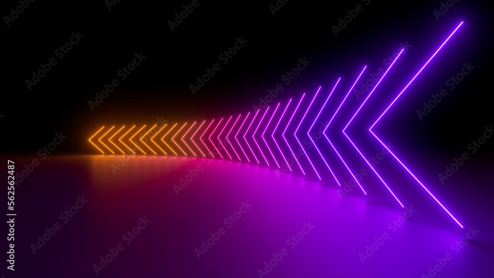 Poster sci fy neon glowing wave lines in a dark hall. reflections on the floor. empty background in the cen