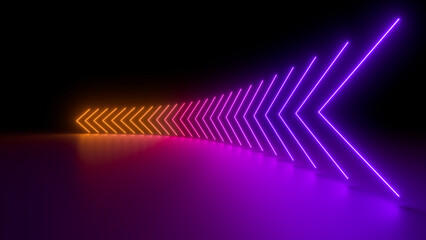 Sci Fy neon glowing wave lines in a dark hall. Reflections on the floor. Empty background in the center. 3d rendering image. Abstract glowing lines. Techology futuristic background.