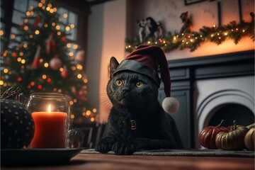  Cat in Christmas hat amid Christmas background created with generative AI technology