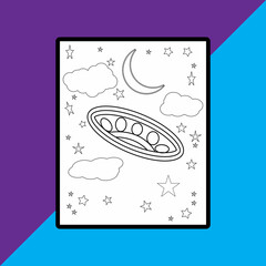 Spaceships in space among stars,  and Moon coloring pages, Vector illustration