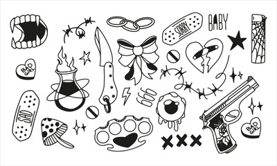 Set of broken heart stickers. Anti-valentine day. Black tattoo elements collection. Heart, Patch, gun, wire, poison, knife, eye. Doodle style clipart. Vector. For print and web design. 
