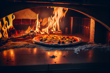 pizza in a traditional pizza oven.  Cooking Pizza.  Generative AI.