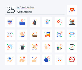 Quit Smoking 25 Flat Color icon pack including smoke. report. smoke. smoking. vape