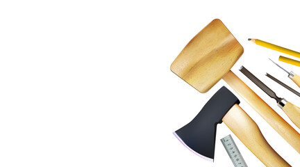 Wood carving, background. Tools of joinery craft or carpentry, composition on wooden workbench backdrop. Woodworking and lumber processing, 3d set. Copy-space. Png