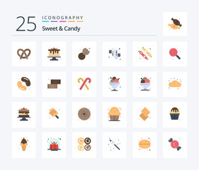 Sweet And Candy 25 Flat Color icon pack including lollipop. dessert. bake. marshmallow. camping