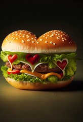 delicious heart shaped burger for restaurant promo on valentines day, generative ai