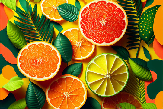 lemon and orange citrus pattern background. Summer vibes. Summer vibes. AI generated Citrus fruits slices of orange, lemon, sicilian orange. 