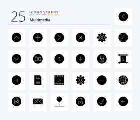 Multimedia 25 Solid Glyph icon pack including media. multimedia. next. media player. error