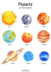 Planets of the Solar System. Watercolour poster set. Watercolor planet Sun, Moon and Mercury, Venus and Earth, Mars and Jupiter, Saturn, Uranus and Neptune. Universe space. Galaxy art © Anna Yakusheva 
