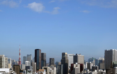Obraz premium 東京の街並みと東京タワー、上空撮影、東京のビル群